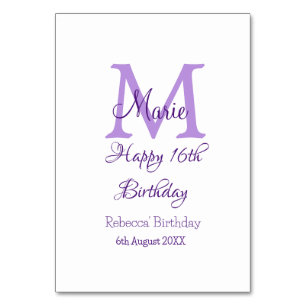 Happy 16th Birthday purple add name monogram moder Table Number