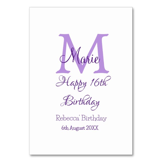 Happy 16th Birthday purple add name monogram moder Table Number (Front)
