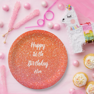 Happy 16th Birthday Salmon Pink Orange Glitter  Paper Plate
