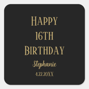 Happy 16th Birthday Sixteen Gold Black Custom Age Square Sticker