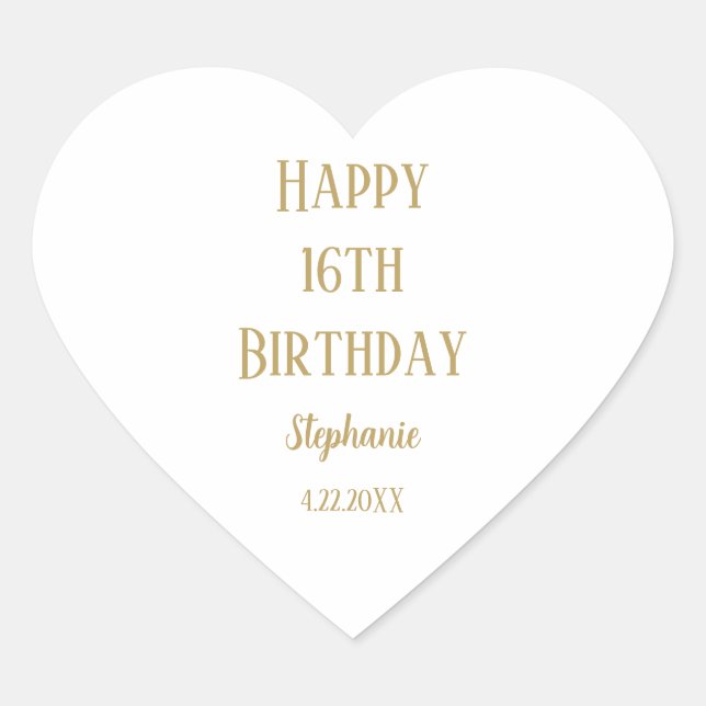 Happy 16th Birthday Sixteen Gold Custom Age Name Heart Sticker (Front)