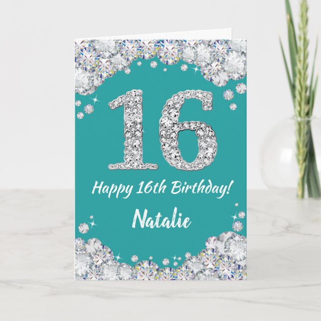 Happy 16th Birthday Teal and Silver Glitter Card (Front)