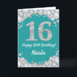 Happy 16th Birthday Teal and Silver Glitter Card<br><div class="desc">Happy 16th Birthday Teal Turquoise Aqua and Silver Glitter Card with personalised name. For further customisation,  please click the "Customise it" button and use our design tool to modify this template.</div>