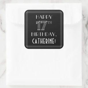 HAPPY 17TH BIRTHDAY; Art Deco Style; Custom Name Square Sticker