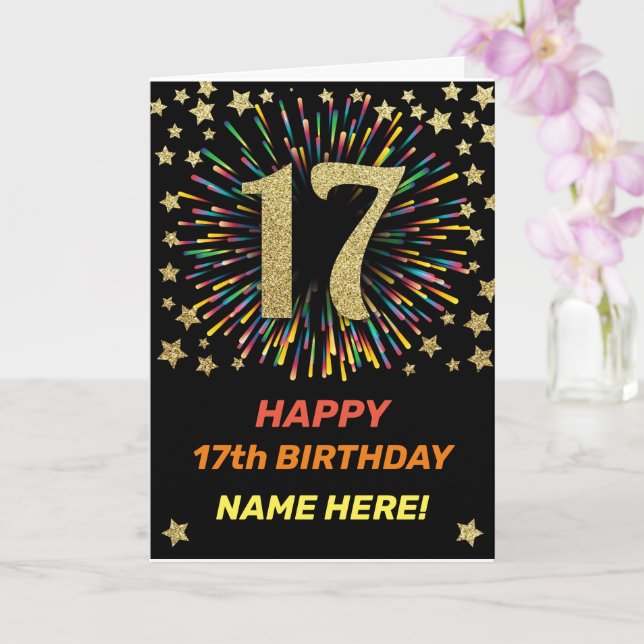 Happy 17th Birthday Black & Gold Rainbow Firework Card (Orchid)