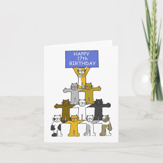 Happy 17th Birthday Cartoon Cats Card (Front)