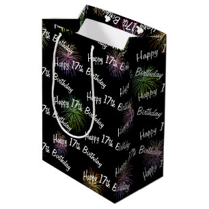 Happy 17th Birthday fireworks on black Medium Gift Bag