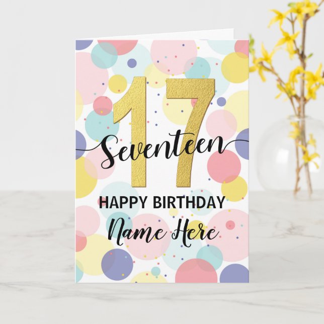 Happy 17th Birthday Pastel Rainbow and Gold Girl Card (Yellow Flower)