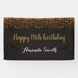 Happy 18th Birthday Banner. Black and Gold Glitter Banner