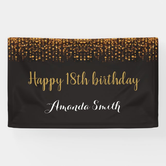 Happy 18th Birthday Banner. Black and Gold Glitter Banner (Horizontal)