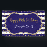 Happy 18th Birthday Banner.Navy Blue Gold Glitter Banner<br><div class="desc">Happy 18th Birthday Banner for women or man. Navy Blue and Gold Birthday Party Banner. Gold Glitter Confetti. Black and White Stripes. Printable Digital. For further customisation,  please click the "Customise it" button and use our design tool to modify this template.</div>
