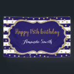 Happy 18th Birthday Banner.Navy Blue Gold Glitter Banner<br><div class="desc">Happy 18th Birthday Banner for women or man. Navy Blue and Gold Birthday Party Banner. Gold Glitter Confetti. Black and White Stripes. Printable Digital. For further customisation,  please click the "Customise it" button and use our design tool to modify this template.</div>
