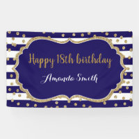 Happy 18th Birthday Banner.Navy Blue Gold Glitter