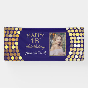 Happy 18th Birthday Banner. Navy Blue Gold Photo Banner