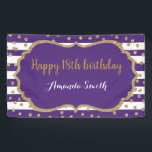 Happy 18th Birthday Banner Purple Gold Glitter<br><div class="desc">Happy 18th Birthday Banner for women or man. Purple and Gold Birthday Party Banner. Gold Glitter Confetti. Black and White Stripes. Printable Digital. For further customisation,  please click the "Customise it" button and use our design tool to modify this template.</div>