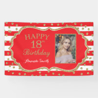Happy 18th Birthday Banner. Red Gold Glitter Photo