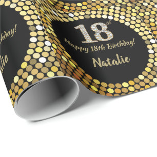 Happy 18th Birthday Black and Gold Glitter Wrapping Paper
