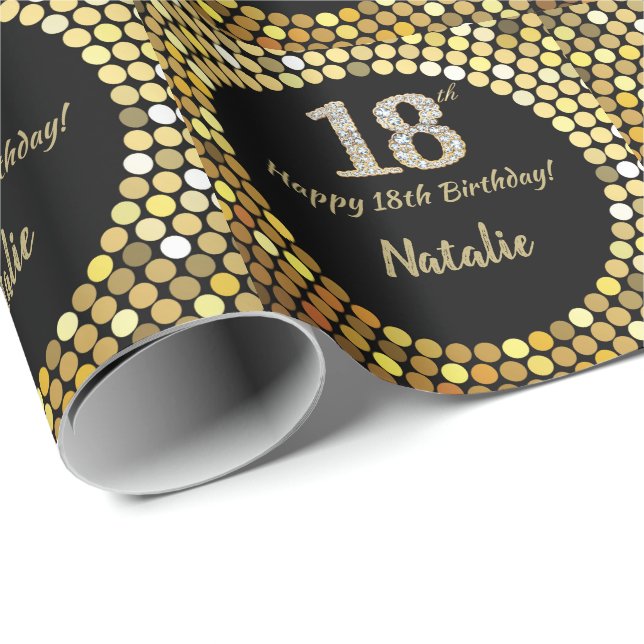 Happy 18th Birthday Black and Gold Glitter Wrapping Paper (Roll Corner)
