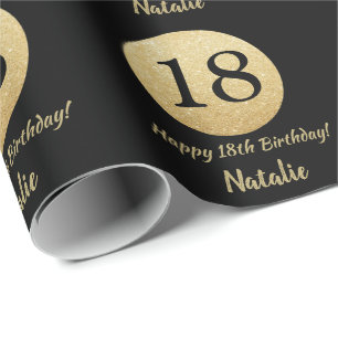 Happy 18th Birthday Black and Gold Glitter Wrapping Paper