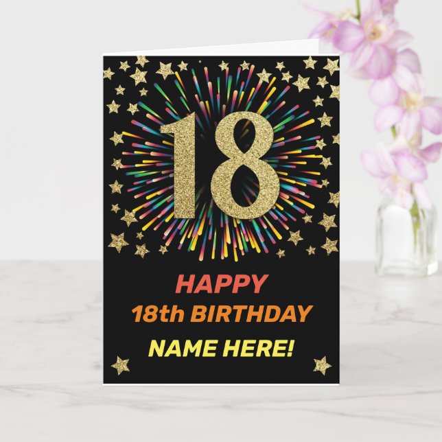 Happy 18th Birthday Black & Gold Rainbow Firework Card (Orchid)
