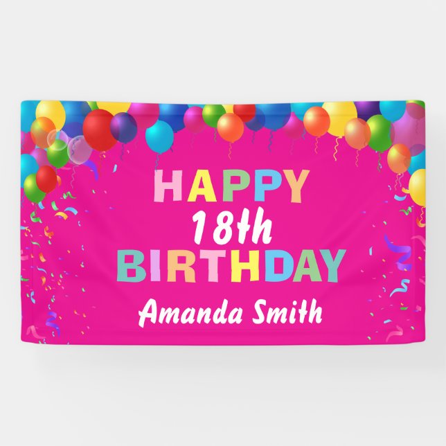 Happy 18th Birthday Colorful Balloons Hot Pink Banner (Horizontal)