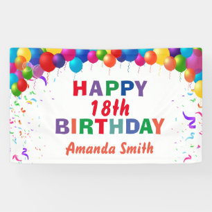 Happy 18th Birthday Colorful Balloons White Banner