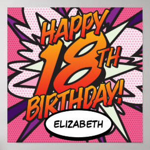 HAPPY 18TH BIRTHDAY Comic Book Pop Art pink Poster