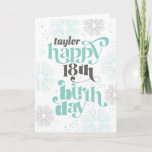 Happy 18th Birthday Customisable Greeting Card<br><div class="desc">This folded birthday greeting card features a decorative typographic design with the recipient's name and says "Happy 18th birthday". Decorated with mint and grey firework bursts and stars,  this festive eighteenth birthday card is perfect for a celebration.</div>