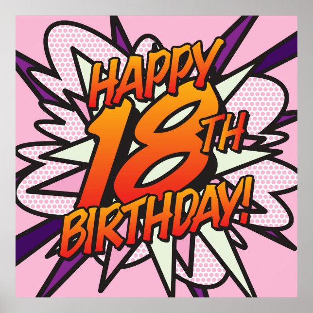 HAPPY 18TH BIRTHDAY Fun Retro Comic Book Pop Art Poster (Front)