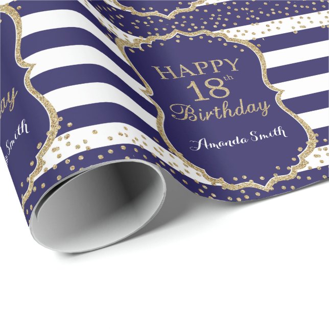 Happy 18th Birthday Gold Glitter and Navy Blue Wrapping Paper (Roll Corner)