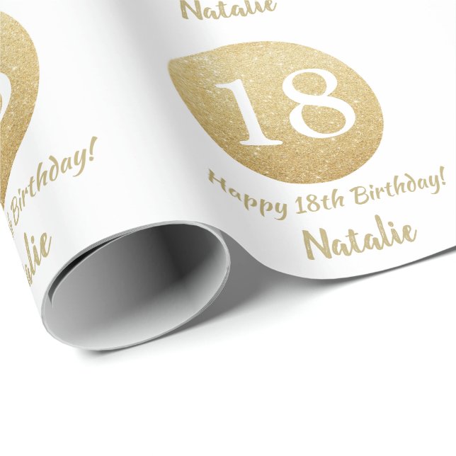 Happy 18th Birthday Gold Glitter and White Wrapping Paper (Roll Corner)