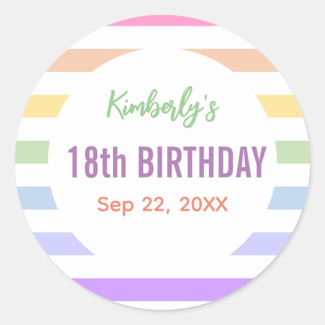 Happy 18th Birthday in Rainbow Stripes Classic Round Sticker (Front)