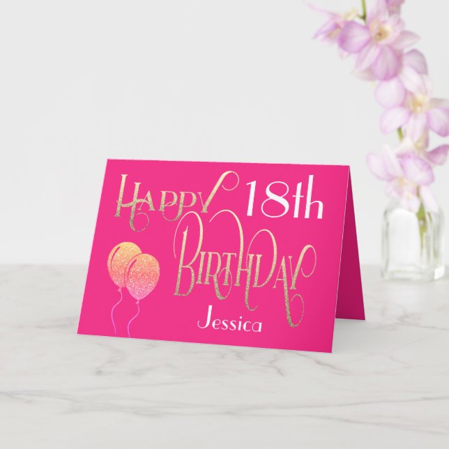 Happy 18th Birthday Name Ornate Hot Pink Gold Card (Orchid)