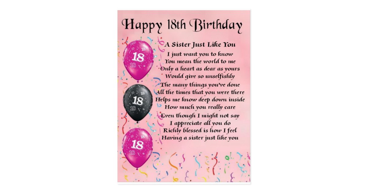 Happy 18th Birthday Sister Poem Postcard