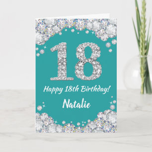 Happy 18th Birthday Teal and Silver Glitter Card