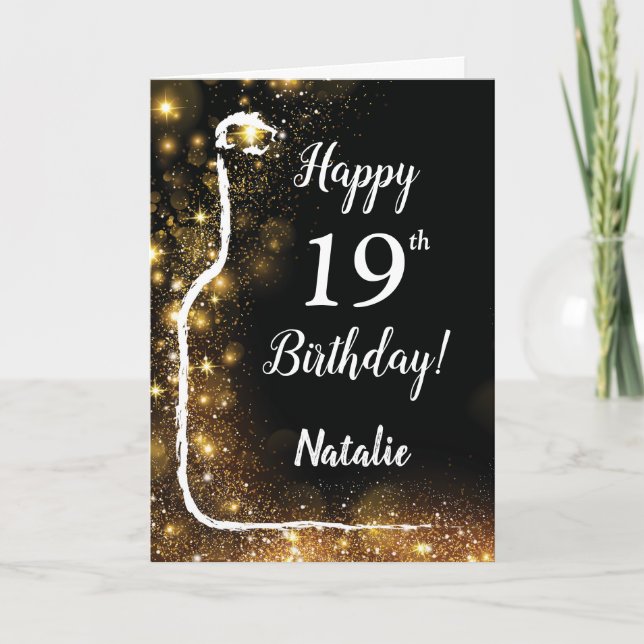 Happy 19th Birthday Black and Gold Glitter Wine Card (Front)