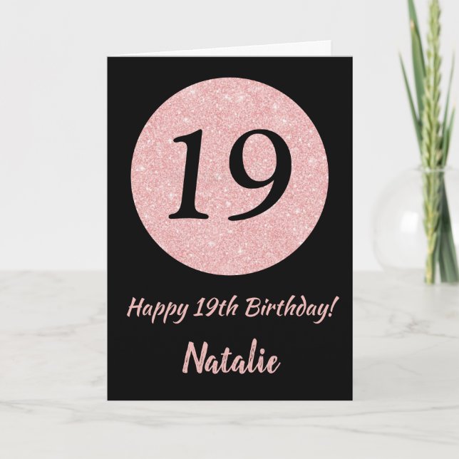 Happy 19th Birthday Black and Rose Pink Gold Card (Front)