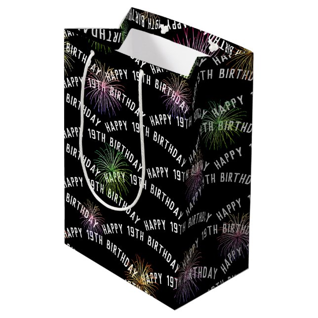 Happy 19th Birthday fireworks on black Medium Gift Bag (Back Angled)