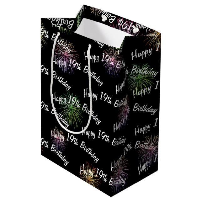 Happy 19th Birthday fireworks on black Medium Gift Bag (Back Angled)