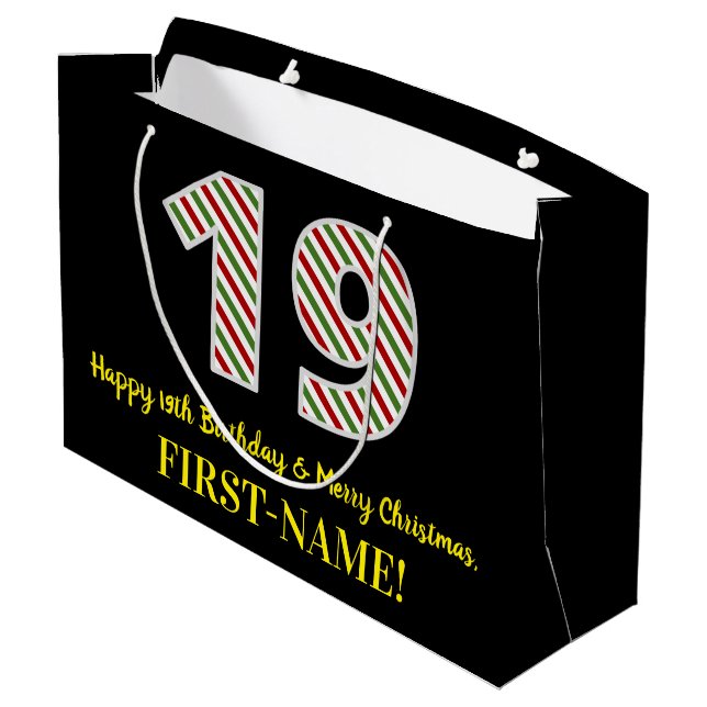 Happy 19th Birthday & Merry Christmas, Custom Name Large Gift Bag (Back Angled)