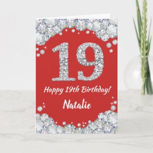 Happy 19th Birthday Red and Silver Glitter Card