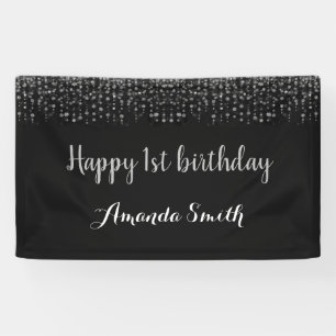Happy 1st Birthday Banner. Black Silver Glitter Banner