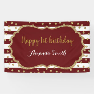 Happy 1st Birthday Banner Burgundy Gold Glitter