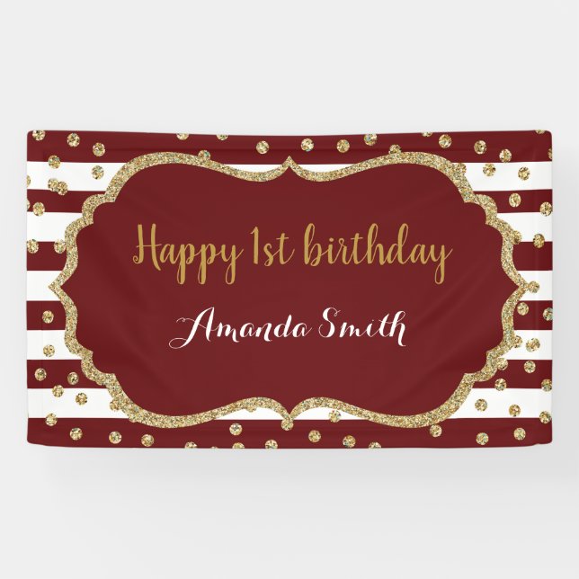 Happy 1st Birthday Banner Burgundy Gold Glitter (Horizontal)