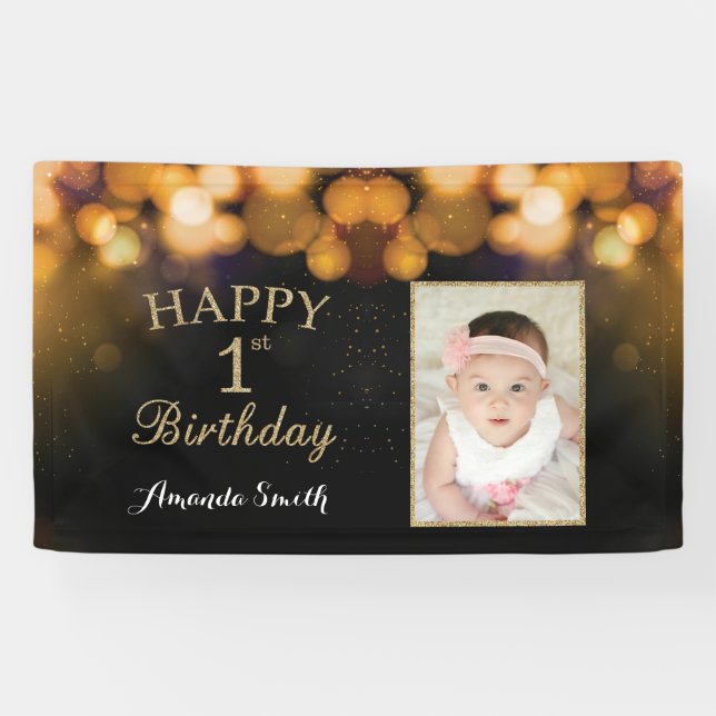 Happy 1st Birthday Banner. Gold Glitter Photo Banner (Horizontal)