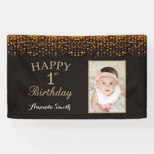 Happy 1st Birthday Banner. Gold Glitter Photo Banner