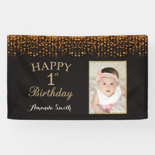 Happy 1st Birthday Banner. Gold Glitter Photo Banner (Horizontal)