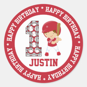 Happy 1st Birthday Baseball Batter Red Classic Round Sticker