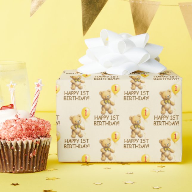 Happy 1st Birthday, Bear, Unisex First Birthday  Wrapping Paper (Birthday Party)