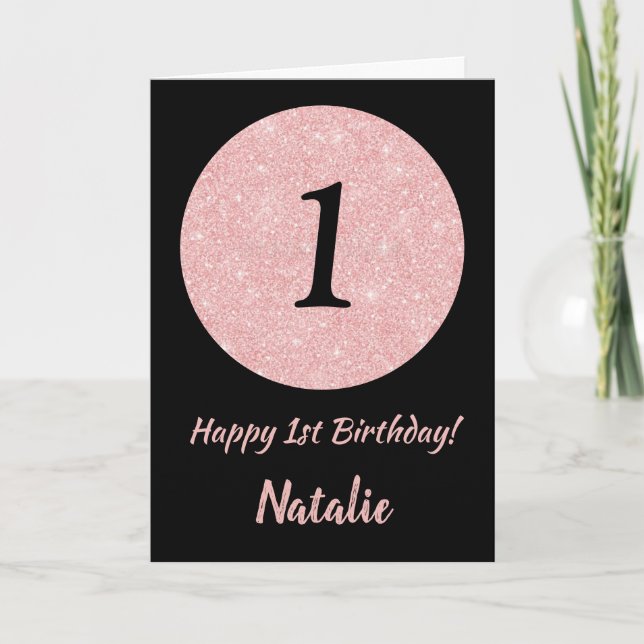 Happy 1st Birthday Black and Rose Pink Glitter Card (Front)